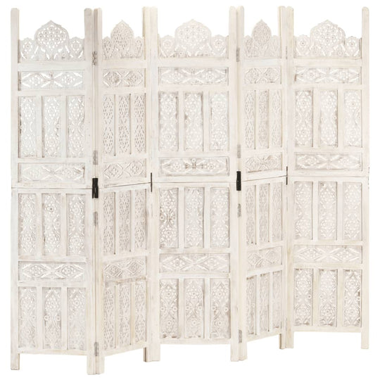 Hand carved 5-panel room divider in white, measuring 200x165 cm, crafted from solid mango wood with intricate patterns.