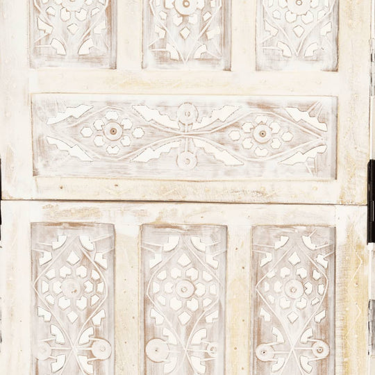 Hand carved white wood panel with intricate floral patterns on a room divider, showcasing classic design details.