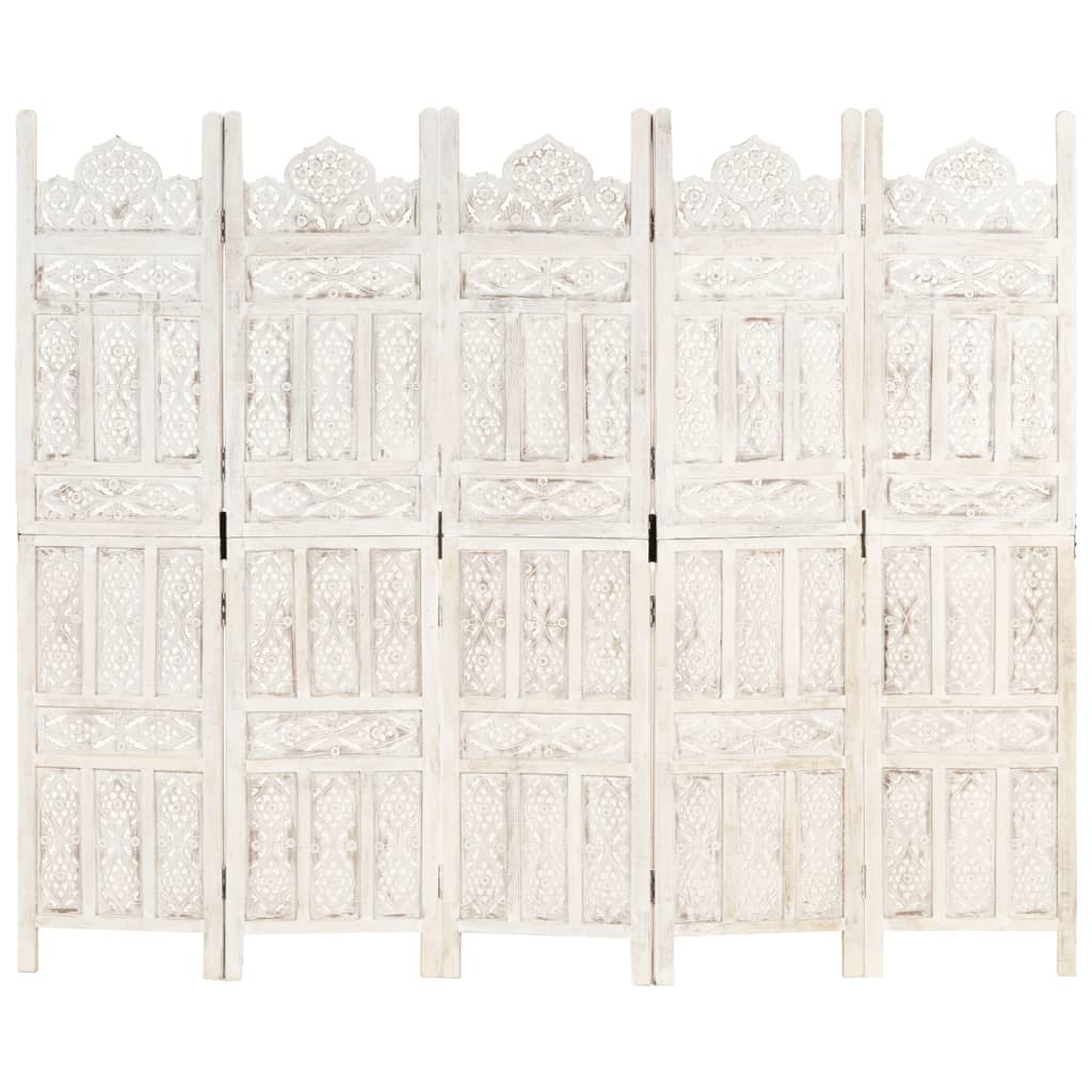 Hand carved 5-panel white room divider made of solid mango wood, featuring intricate patterns for classic elegance.