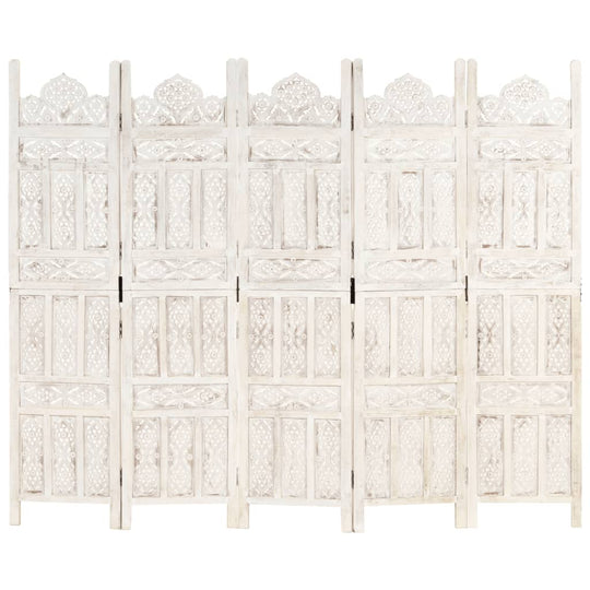 Hand carved 5-panel white room divider made of solid mango wood, featuring intricate patterns for classic elegance.