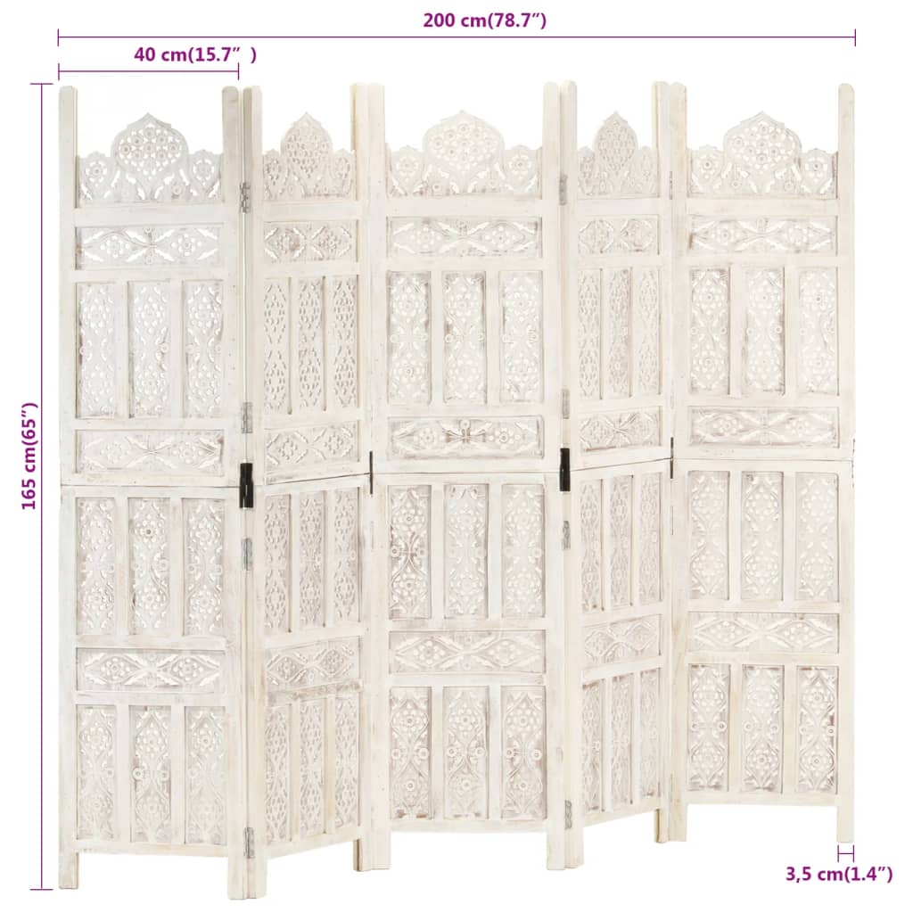 Hand carved 5-panel room divider in white, crafted from solid mango wood, dimensions 200x165 cm, featuring intricate patterns.