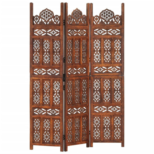 Hand-carved 3-panel mango wood room divider with intricate patterns, ideal for home and garden furniture or outdoor patio setting.