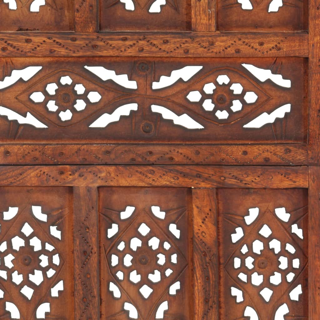 Hand-carved pattern on solid mango wood room divider for home and outdoor patio furniture.