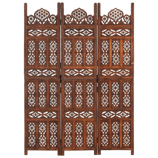 Hand-carved 3-panel room divider in solid mango wood with intricate patterns, ideal for home and garden furniture settings.