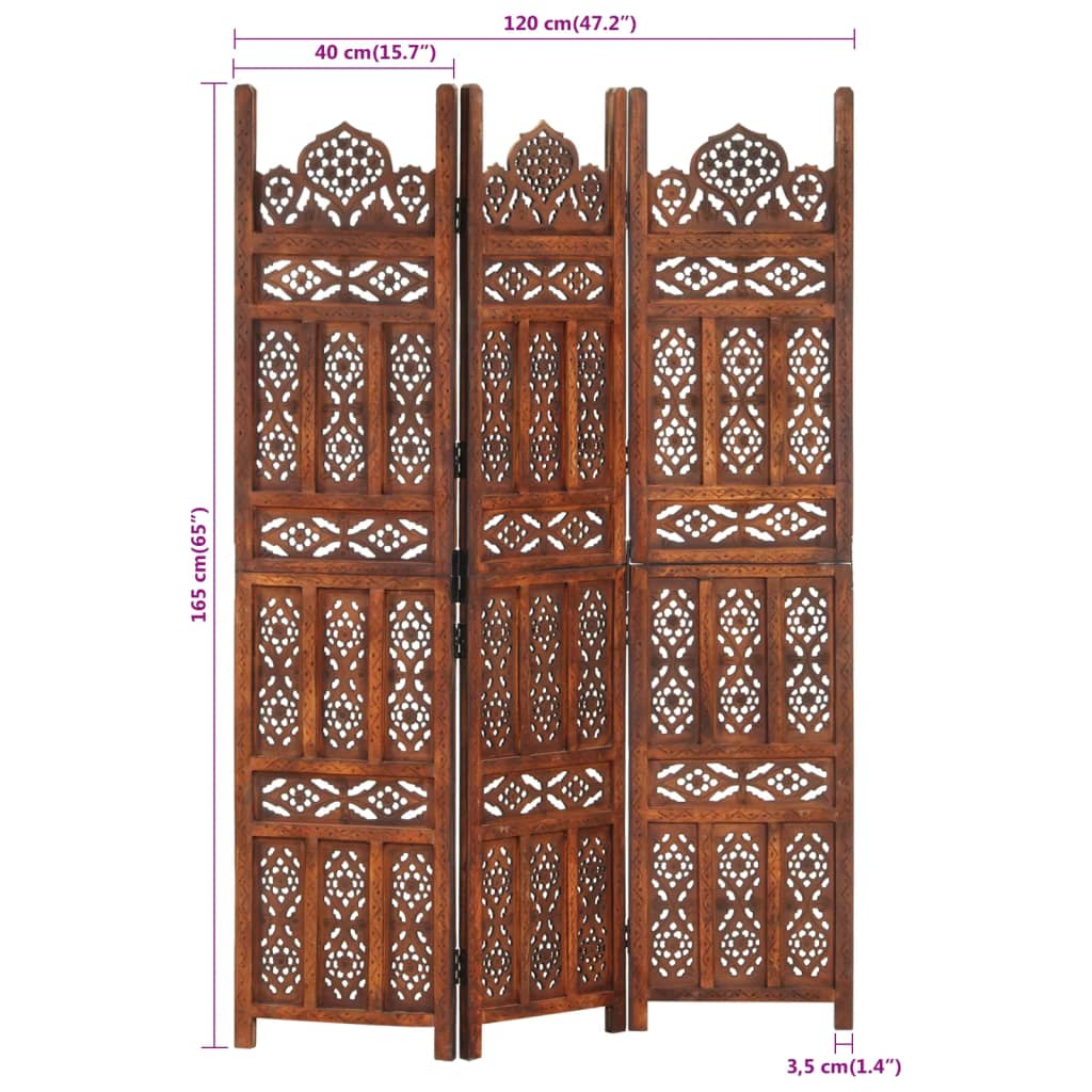 Hand-carved 3-panel solid mango wood room divider, 120x165 cm, perfect for garden lounge or patio furniture, adds elegance and privacy.