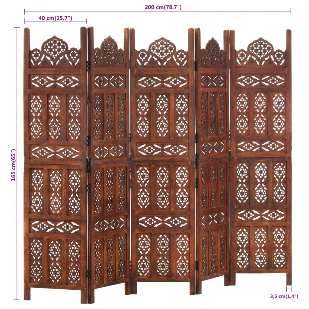 Hand carved 5-Panel Room Divider 200x165 cm Solid Mango Wood