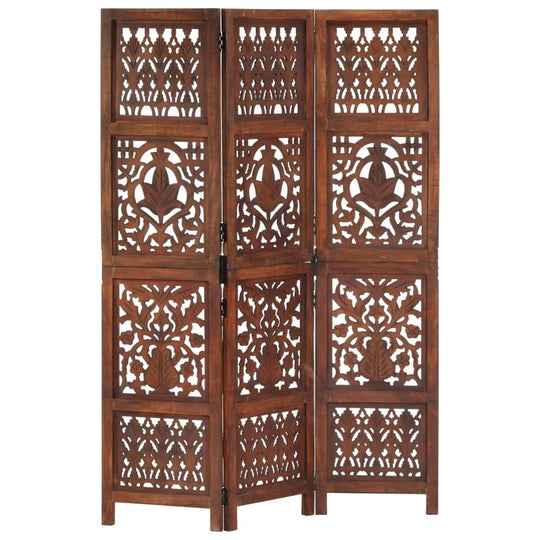 Hand carved 3-panel room divider in brown, featuring intricate patterns, made from solid mango wood, 120x165 cm.