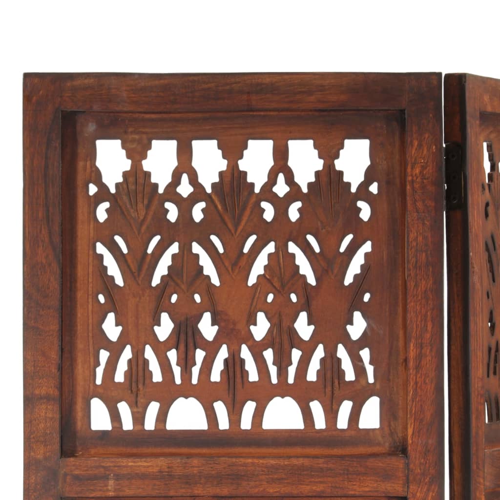 Hand carved wooden room divider detail with intricate patterns in rich brown finish, showcasing solid mango wood craftsmanship.