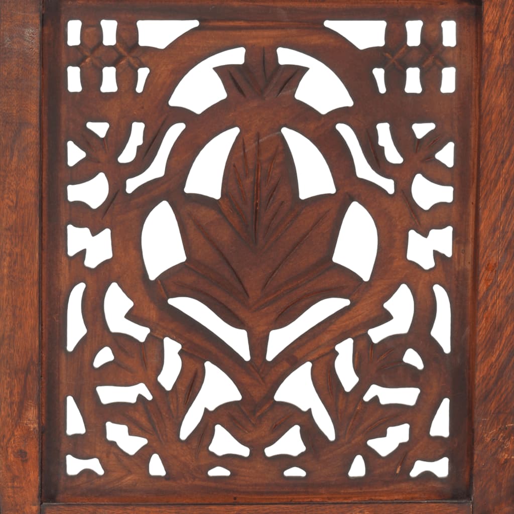 Intricate hand carved wooden pattern of a room divider showcasing floral designs in rich brown mango wood.