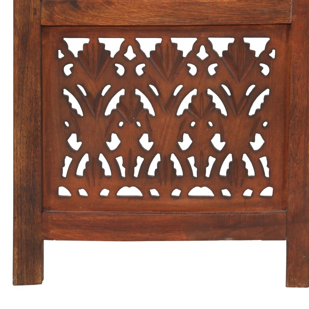 Hand carved wood panel design of a brown room divider showcasing intricate patterns and craftsmanship.