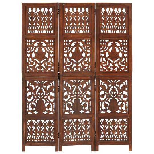 Hand carved 3-panel room divider in brown, featuring intricate patterns, made of solid mango wood, ideal for home decor.