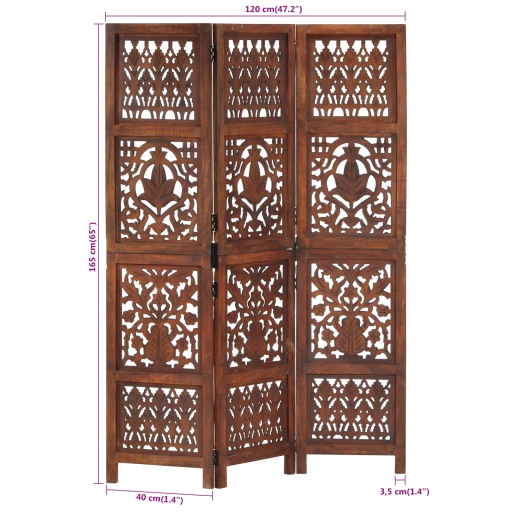 Hand carved 3-panel room divider in brown, 120x165 cm, made of solid mango wood with intricate patterns.