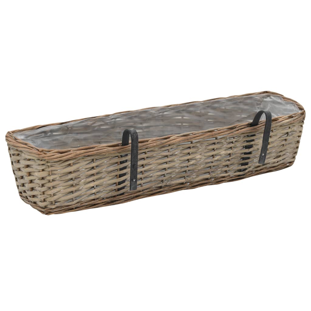 Balcony planter made of wicker with PE lining, featuring handles for easy hanging; perfect for outdoor furniture use.