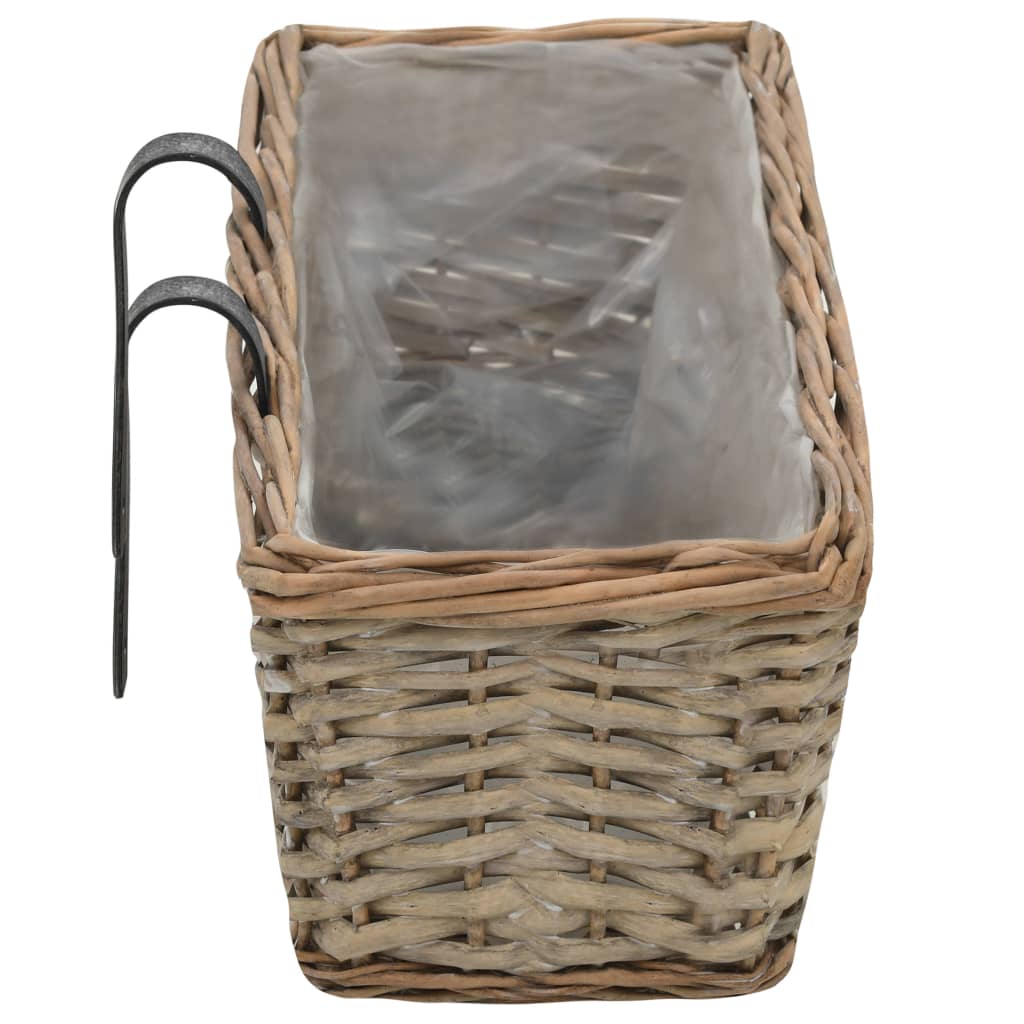 Wicker balcony planter with PE lining and metal handle, ideal for outdoor gardening and adding rustic charm to furniture.