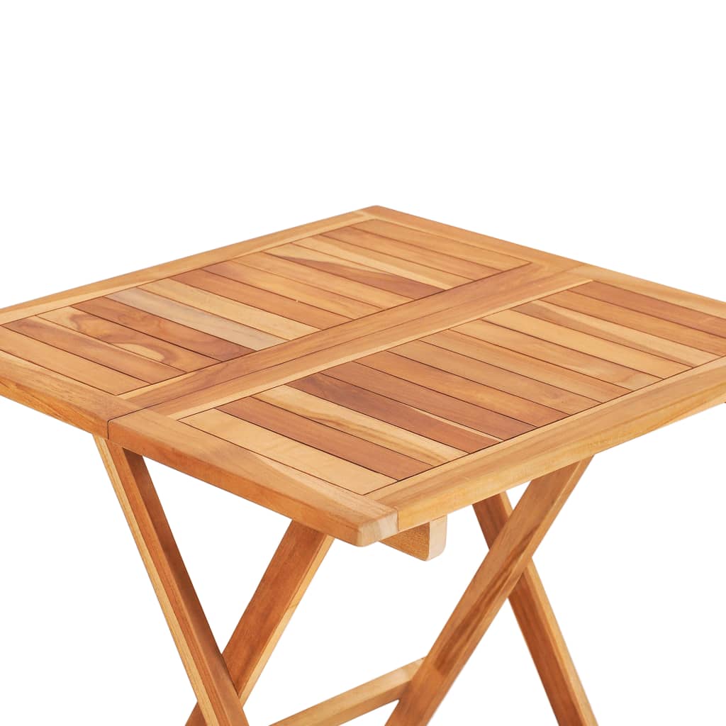 Close-up view of a folding bistro table made of solid teak wood, showcasing its elegant slatted design and smooth finish.