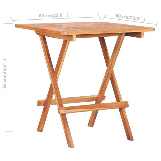 Folding bistro table in solid teak wood, measuring 60x60x65 cm, perfect for indoor or outdoor dining.