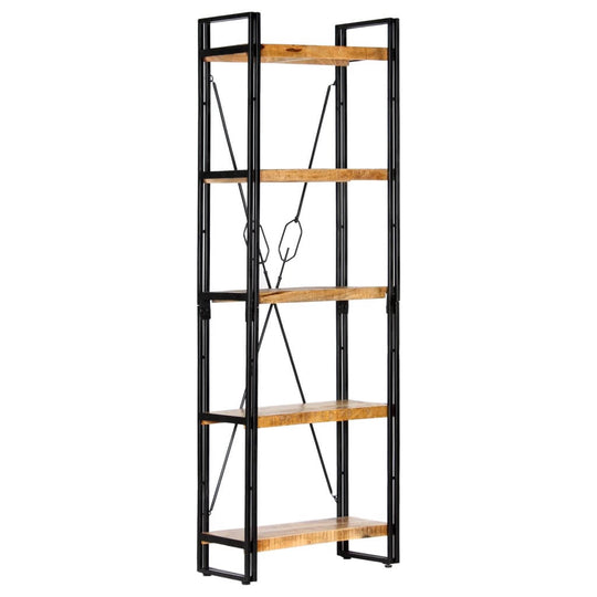 5-tier bookcase with solid mango wood shelves and black steel frame, perfect for home and office storage/display.