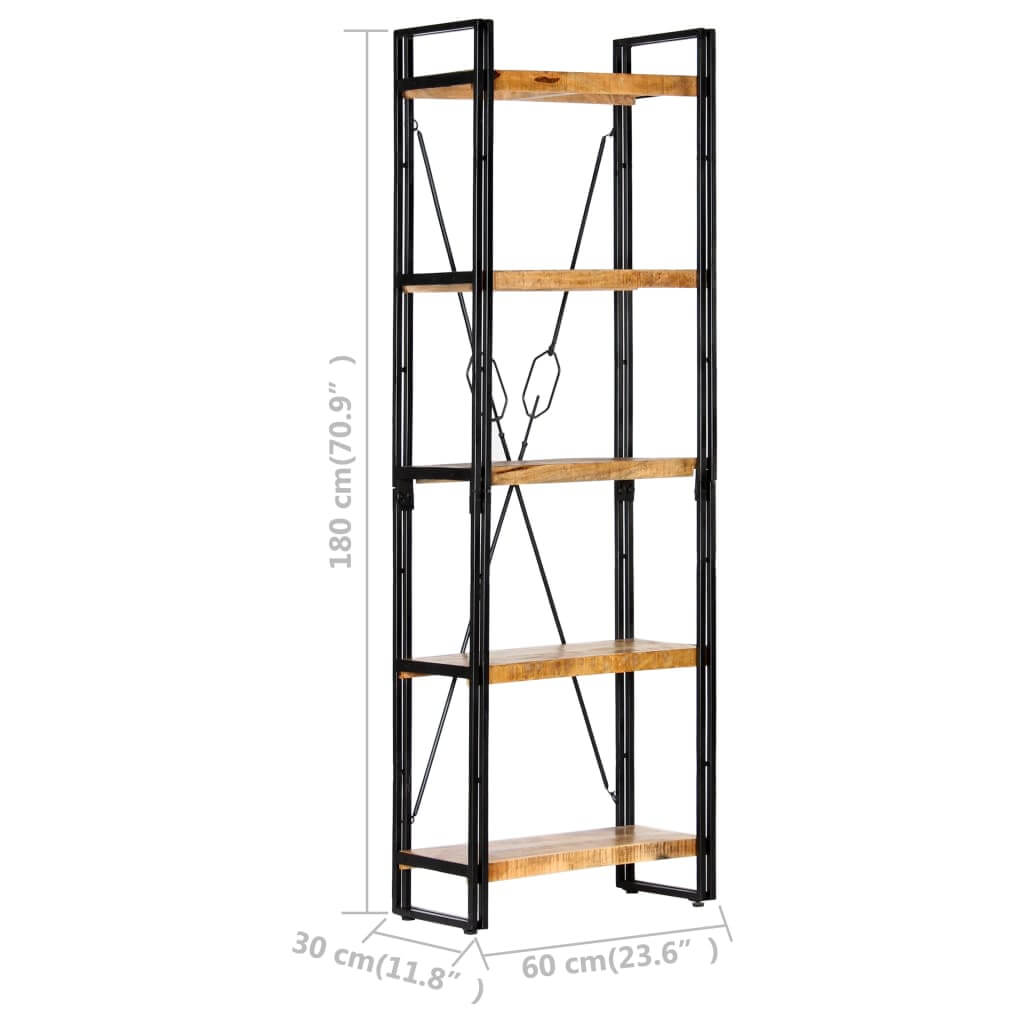 5-tier bookcase in solid mango wood with a powder-coated steel frame, dimensions 60x30x180 cm, showcasing industrial style.