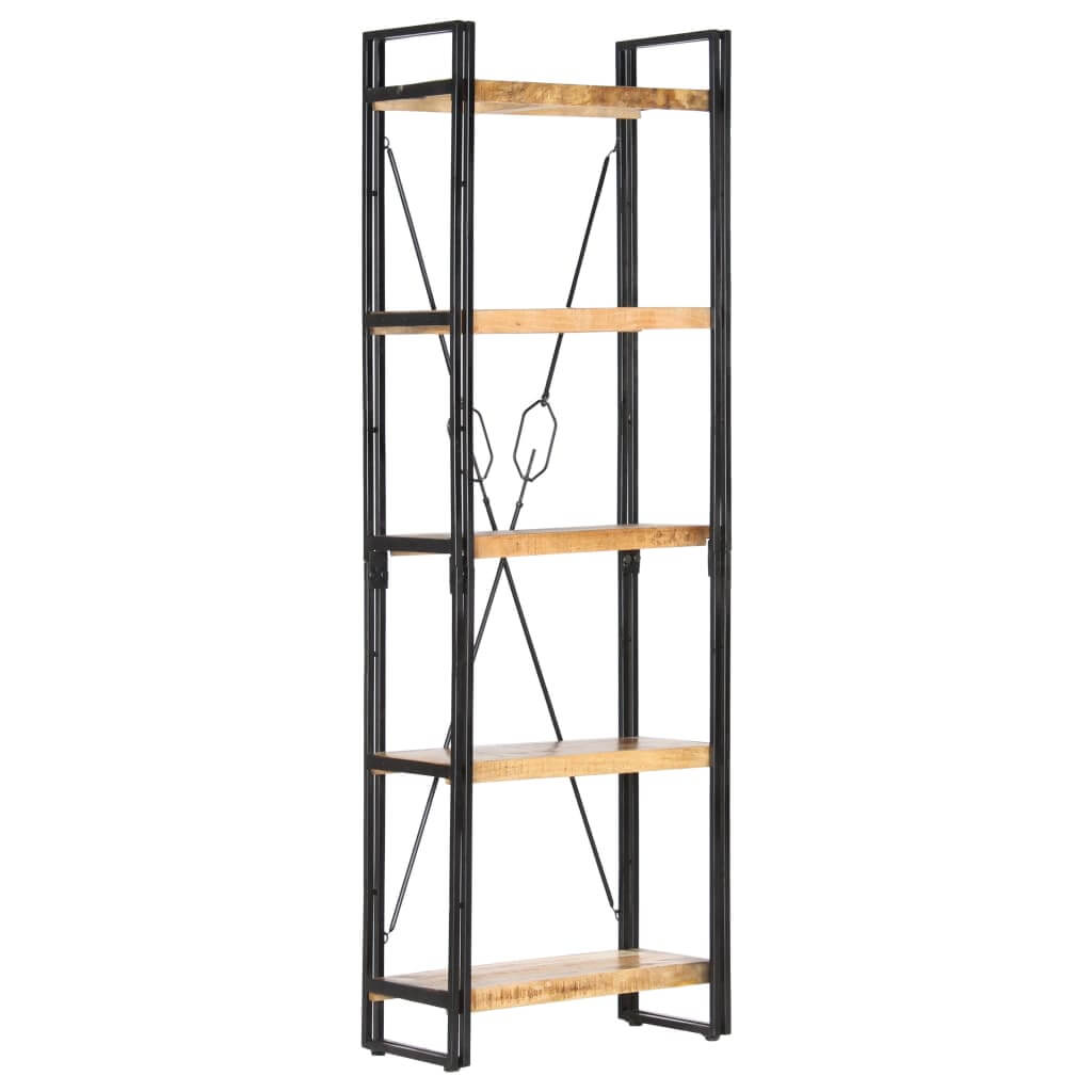 5-tier bookcase in solid mango wood and black steel frame, ideal for storage and display in industrial decor settings.