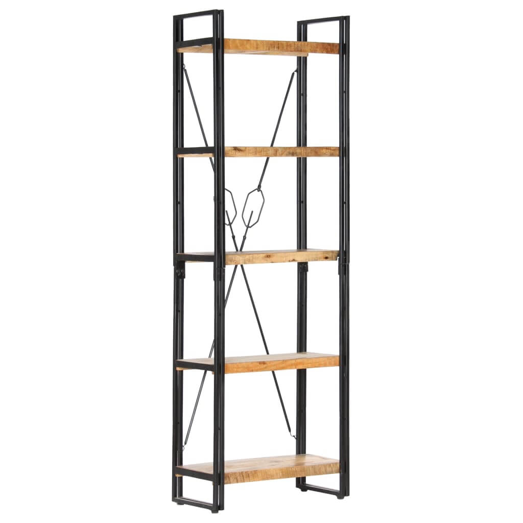 5-tier industrial bookcase with solid mango wood shelves and a sturdy black steel frame, ideal for home or office storage.