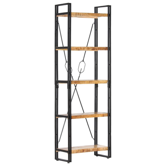 5-tier bookcase with solid mango wood shelves and industrial black metal frame, perfect for storage and display in home or office.