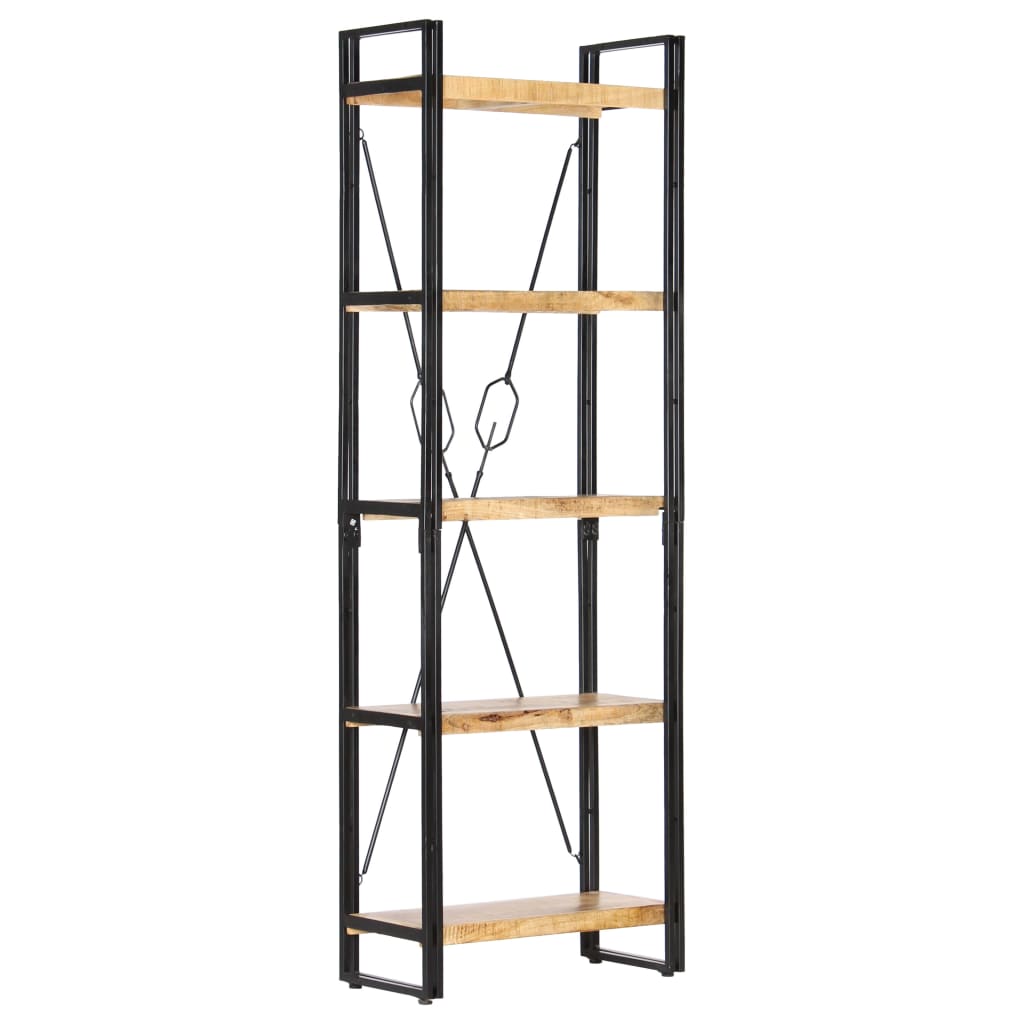 5-tier bookcase with solid mango wood shelves and black powder-coated steel frame, perfect for home or office storage.