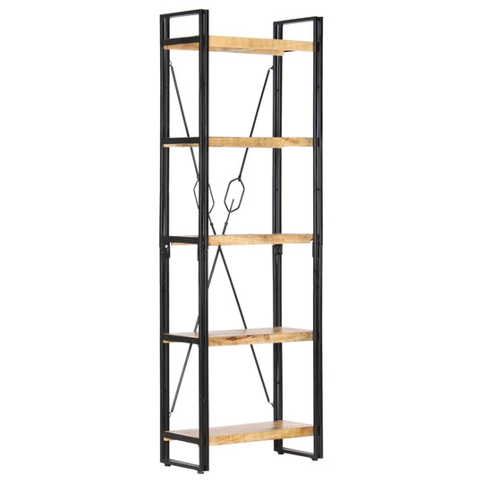 5-tier bookcase with solid mango wood shelves and black powder-coated steel frame, perfect for home or office storage.