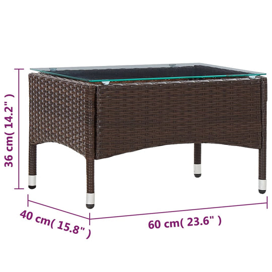 Coffee Table  60x40x36 cm Poly Rattan - Cherryfurnie LLC This poly rattan coffee table adds style and versatility to your living space. Made with weather resistant materials, it is durable and easy to clean for daily use. The table's design allows for easy movement and can also be used as a side, coffee, end, or couch table. Assembly is a breeze. Colour: Brown Material: PE rattan, glass Dimensions: 60 x 40 x 36 cm (L x W x H) Weather resistant Easy to clean Assembly required: Yes  Coffee Table #