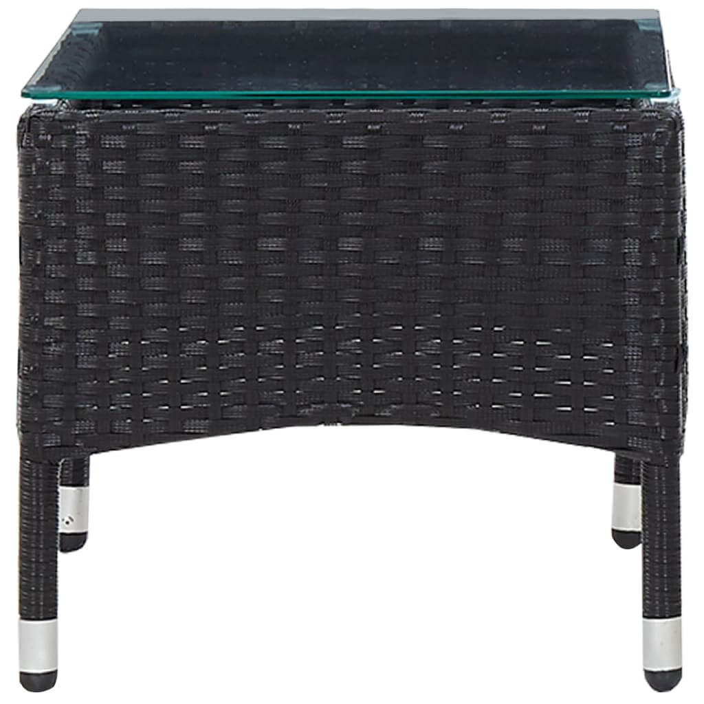 Black poly rattan coffee table with glass top, perfect for outdoor lounge furniture and versatile use.