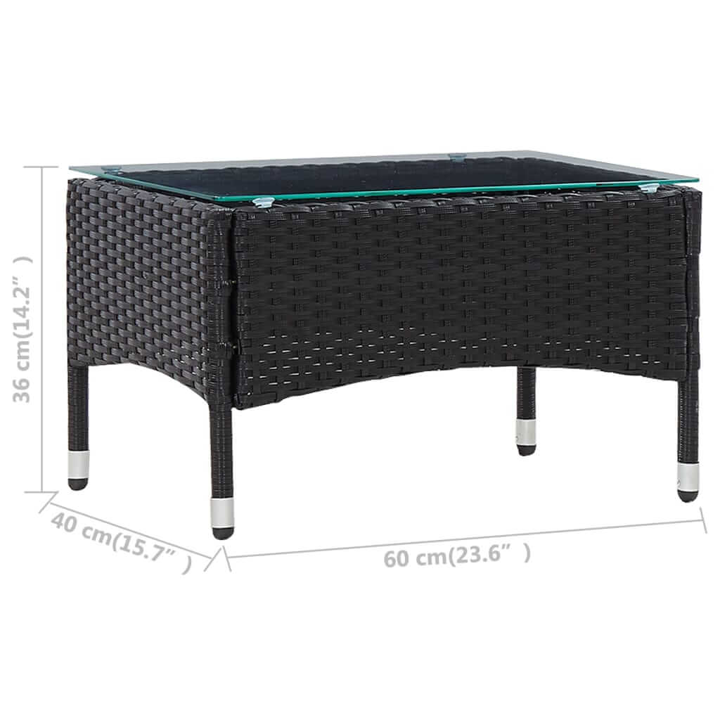 Coffee table made of black poly rattan, 60x40x36 cm, perfect for outdoor lounge settings and easy to clean.