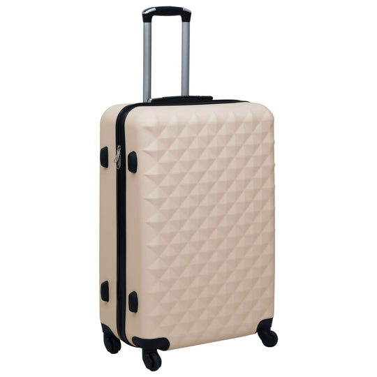 Hardcase trolley suitcase in cream color with textured surface, wheels, and retractable handle, ideal for travel and packing.