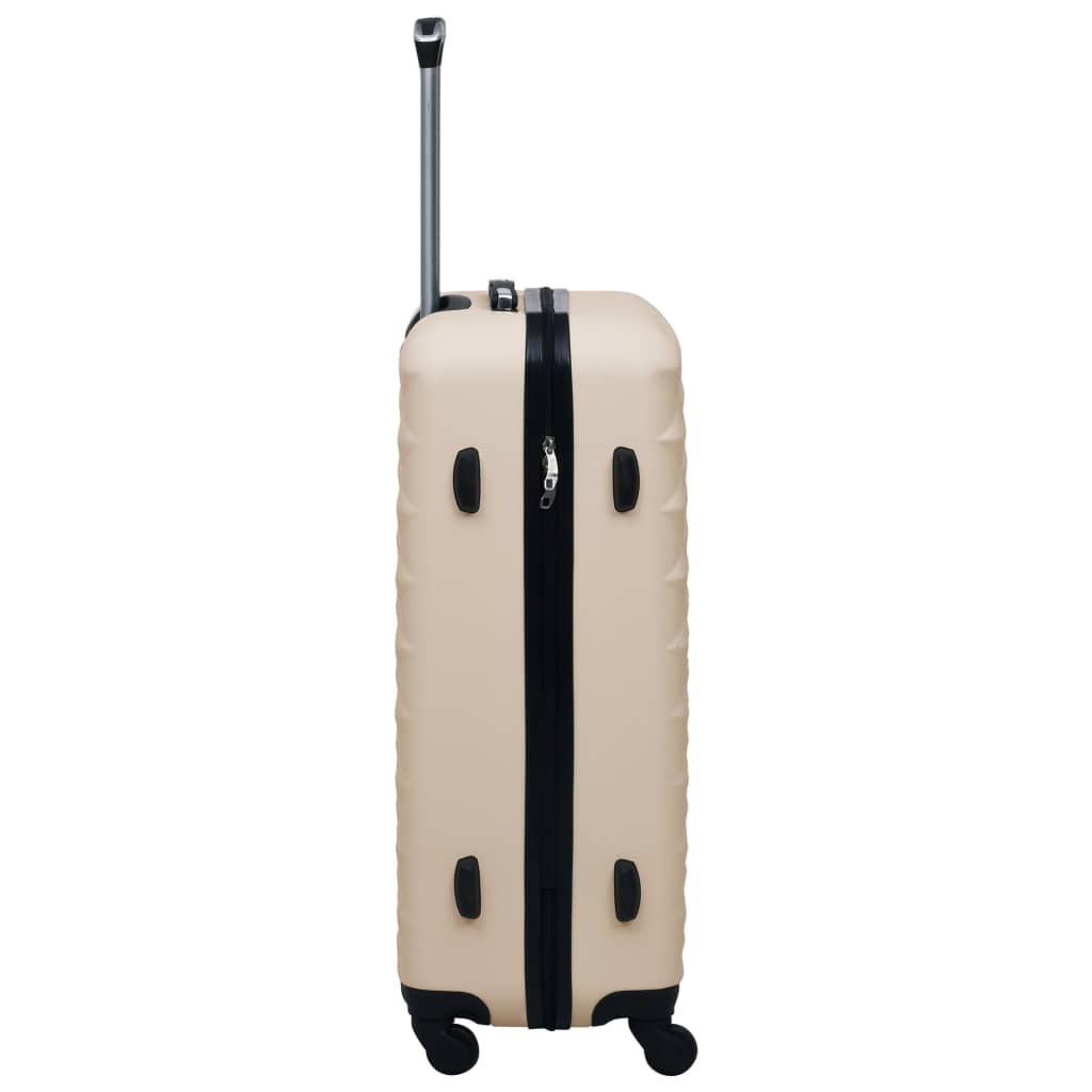 Side view of a hardcase trolley suitcase in gold ABS material with wheels and retractable handle, ideal for travel.