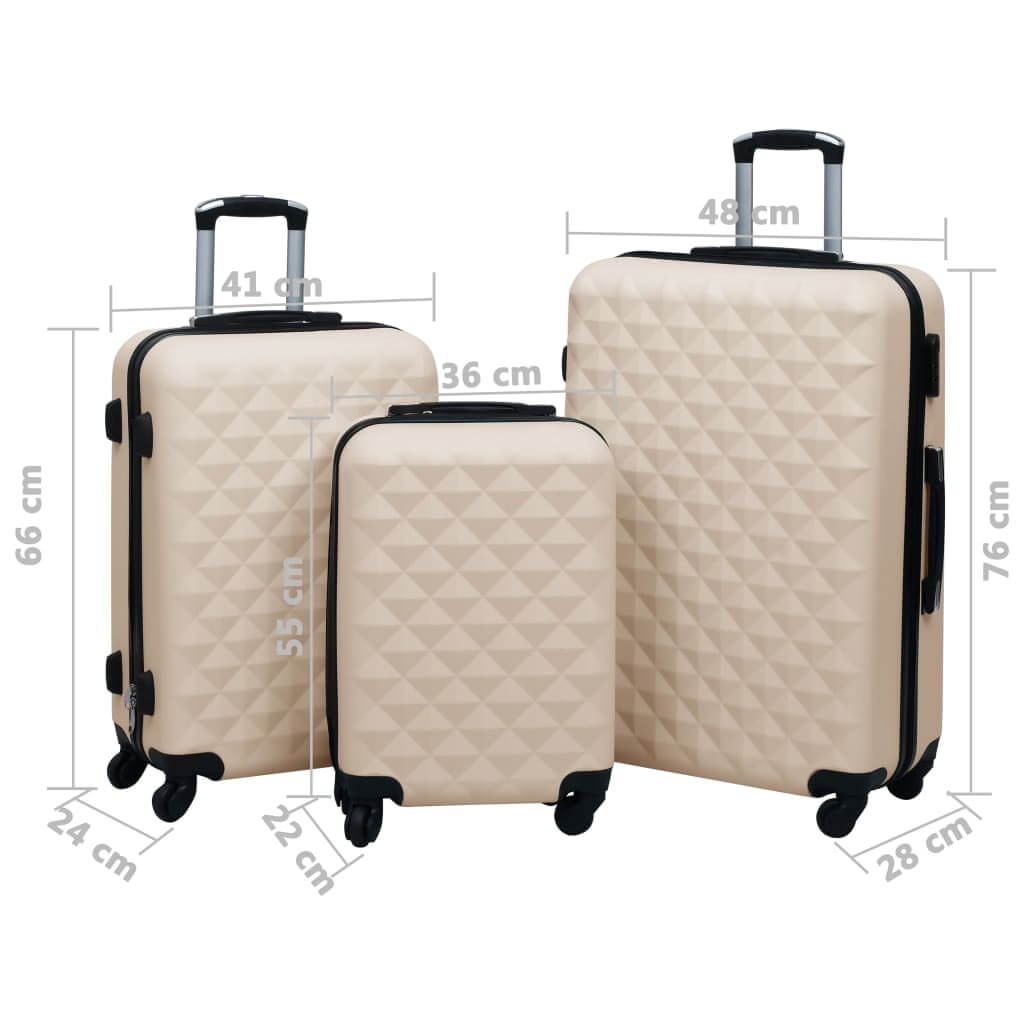 Hardcase trolley set in gold ABS, three sizes with dimensions, showcasing durable design and security features.