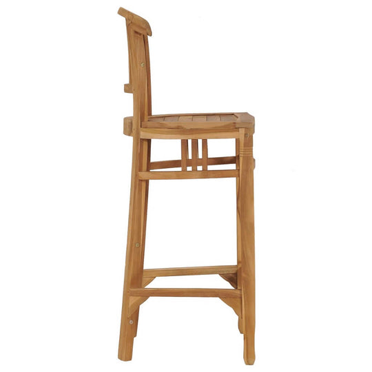 Side view of a solid teak wood bar chair, ideal for outdoor furniture and patio settings.