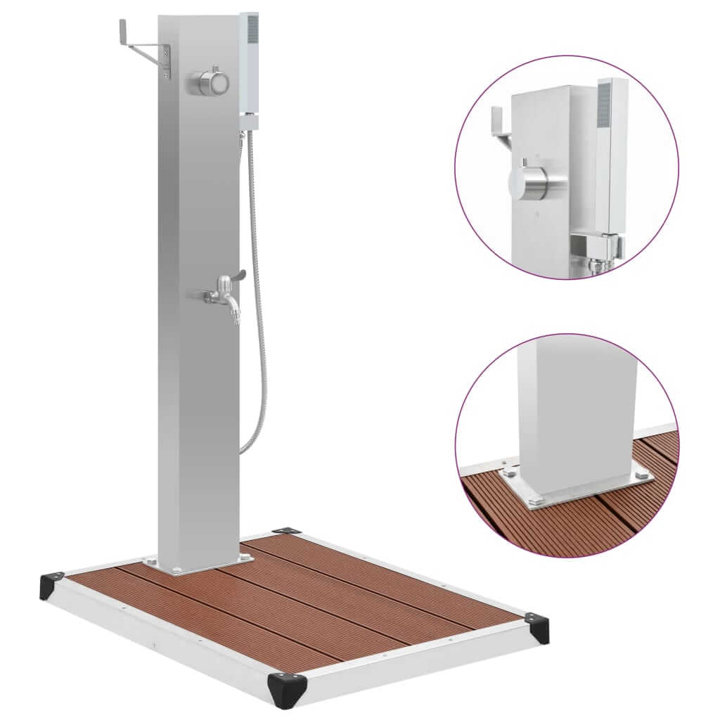 Outdoor Shower with Tray WPC Stainless Steel, stylish garden shower faucet with handheld head and sleek tray.