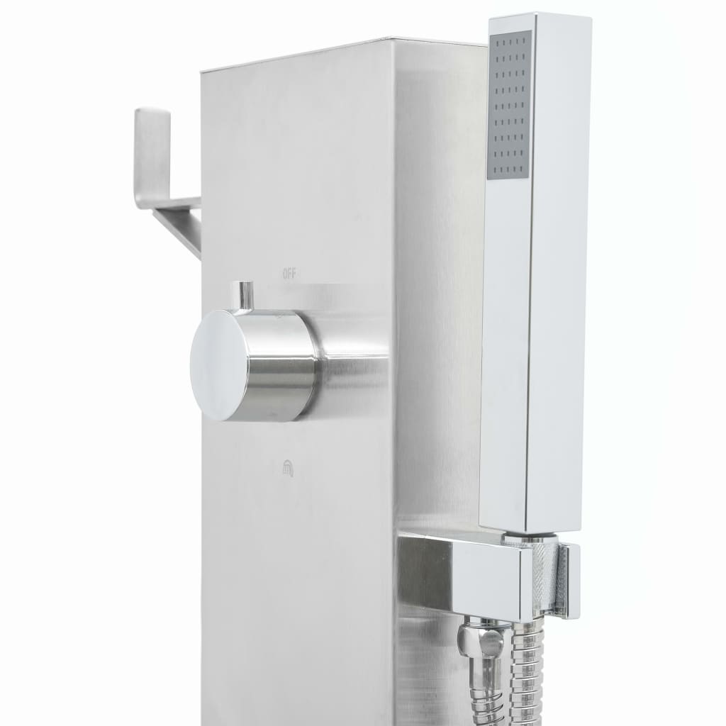 Outdoor Shower with Tray WPC Stainless Steel faucet and handheld shower head detail image.