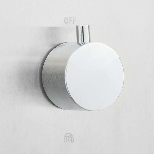 Outdoor Shower with Tray WPC Stainless Steel faucet control knob close-up.
