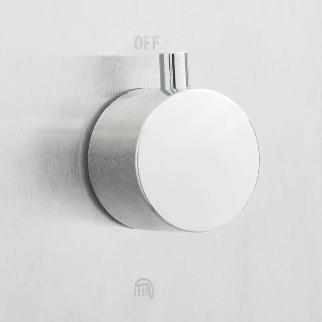 Outdoor Shower with Tray WPC Stainless Steel faucet control knob on sleek brushed stainless steel.