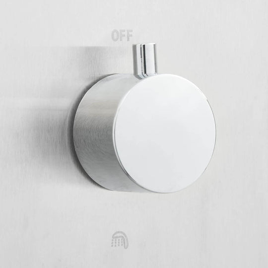 Outdoor Shower with Tray WPC Stainless Steel faucet control knob on sleek brushed stainless steel.