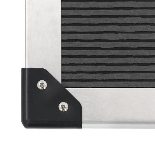 Close-up of the corner of the Outdoor Shower with Tray WPC Stainless Steel showing sleek design and materials.