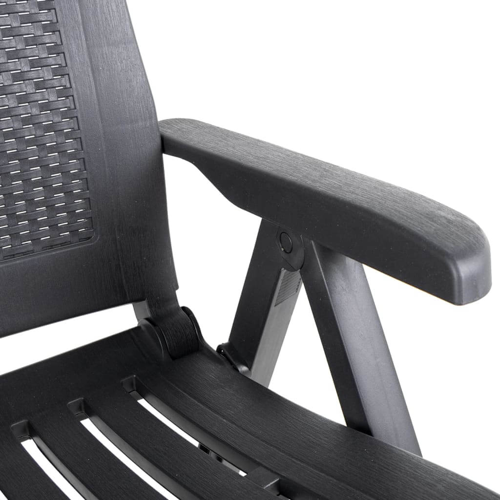 Close-up of a durable anthracite garden reclining chair with an adjustable backrest and comfortable armrest.