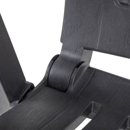 Close-up of the adjustable hinge on a durable plastic garden reclining chair, showcasing its seamless design and functionality.