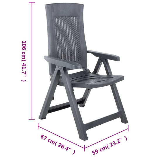 Anthracite garden reclining chair with adjustable backrest and dimensions 106 cm height, 67 cm width, 59 cm depth for outdoor comfort.