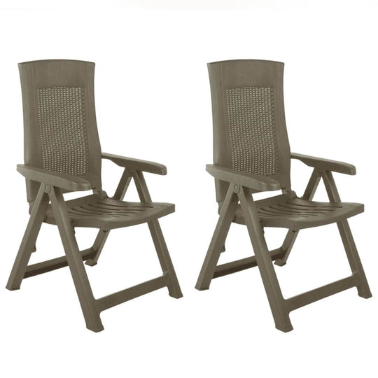 Two durable plastic garden reclining chairs in mocca, perfect for outdoor lounging and comfort. Ideal outdoor furniture set.