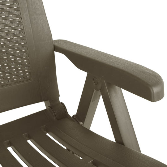 Close-up of a plastic garden reclining chair's armrest and backrest in mocca color, showcasing its durable and adjustable design.