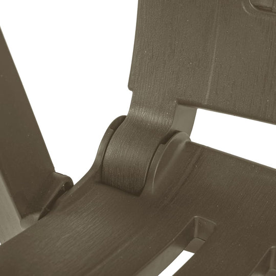 Close-up of the adjustable hinge mechanism on a garden reclining chair made of durable plastic.