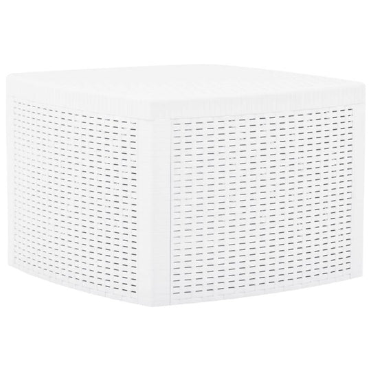 White multifunctional side table with flat rattan look, made of weather-resistant polypropylene for outdoor use.