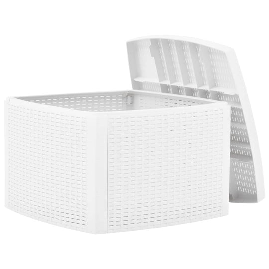 White polypropylene side table with rattan look, featuring a hinged lid for convenient storage, ideal for outdoor use.