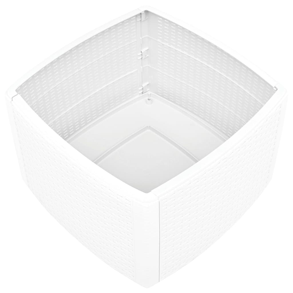 White square plastic planter with a rattan look, designed for outdoor use and durability.