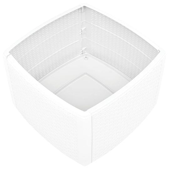 White square plastic planter with a rattan look, designed for outdoor use and durability.